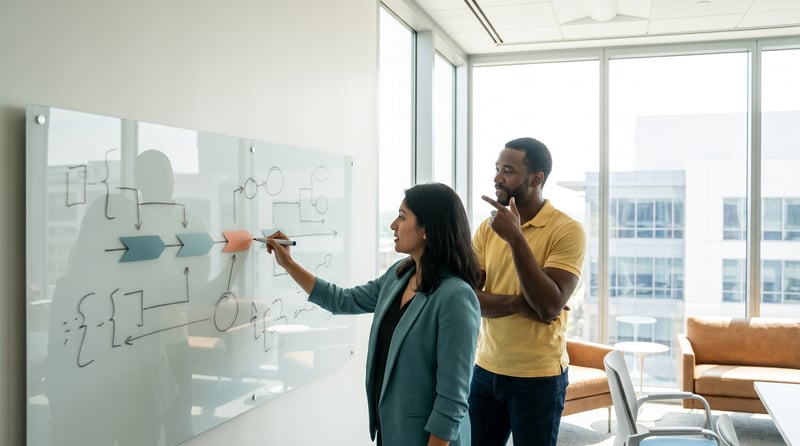 Colleagues drawing a roadmap on a whiteboard
