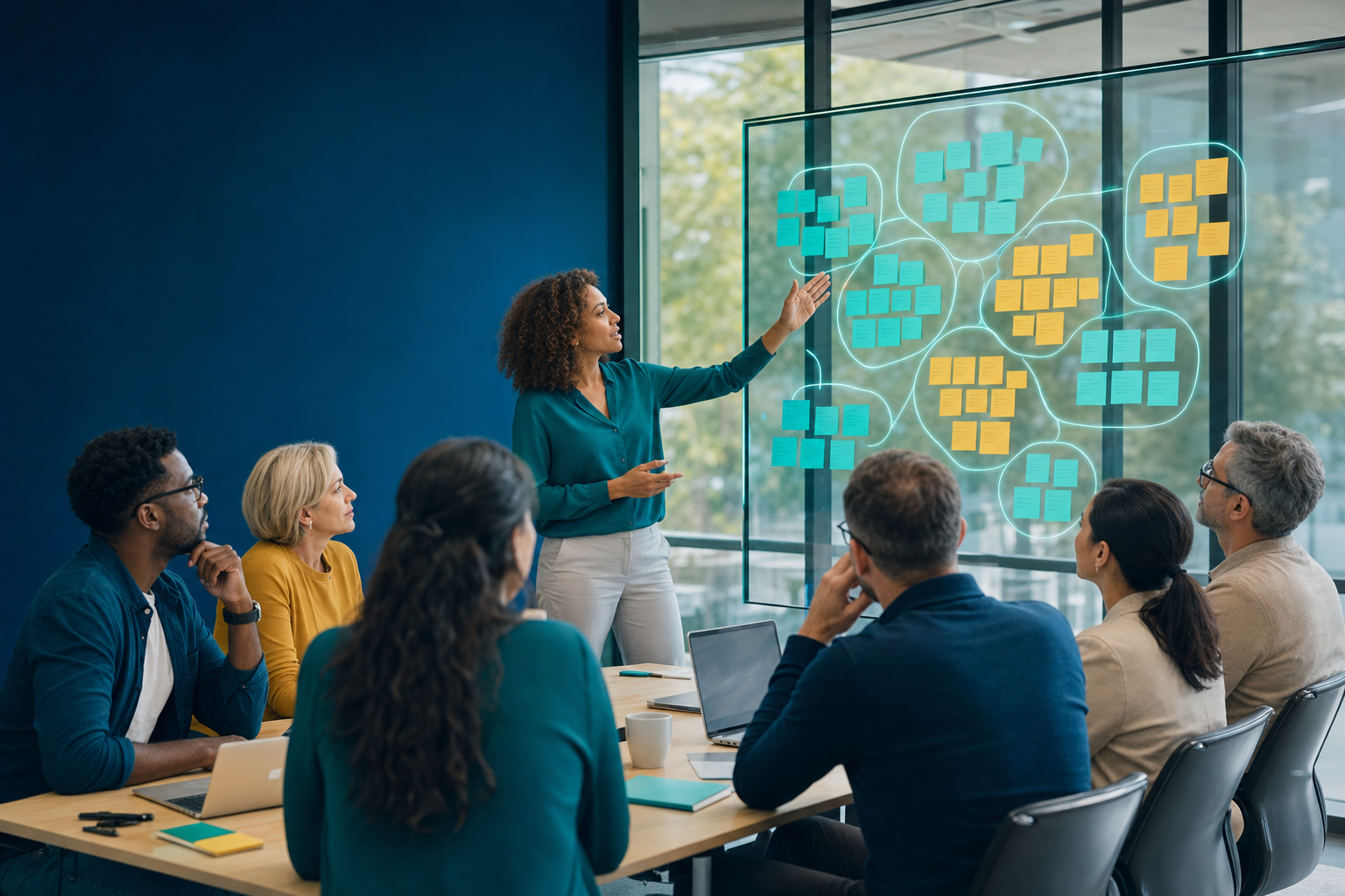 Certified AI-Enabled Facilitator course: a facilitator leads an engaged, diverse team through an AI-supported working session in a bright modern conference room