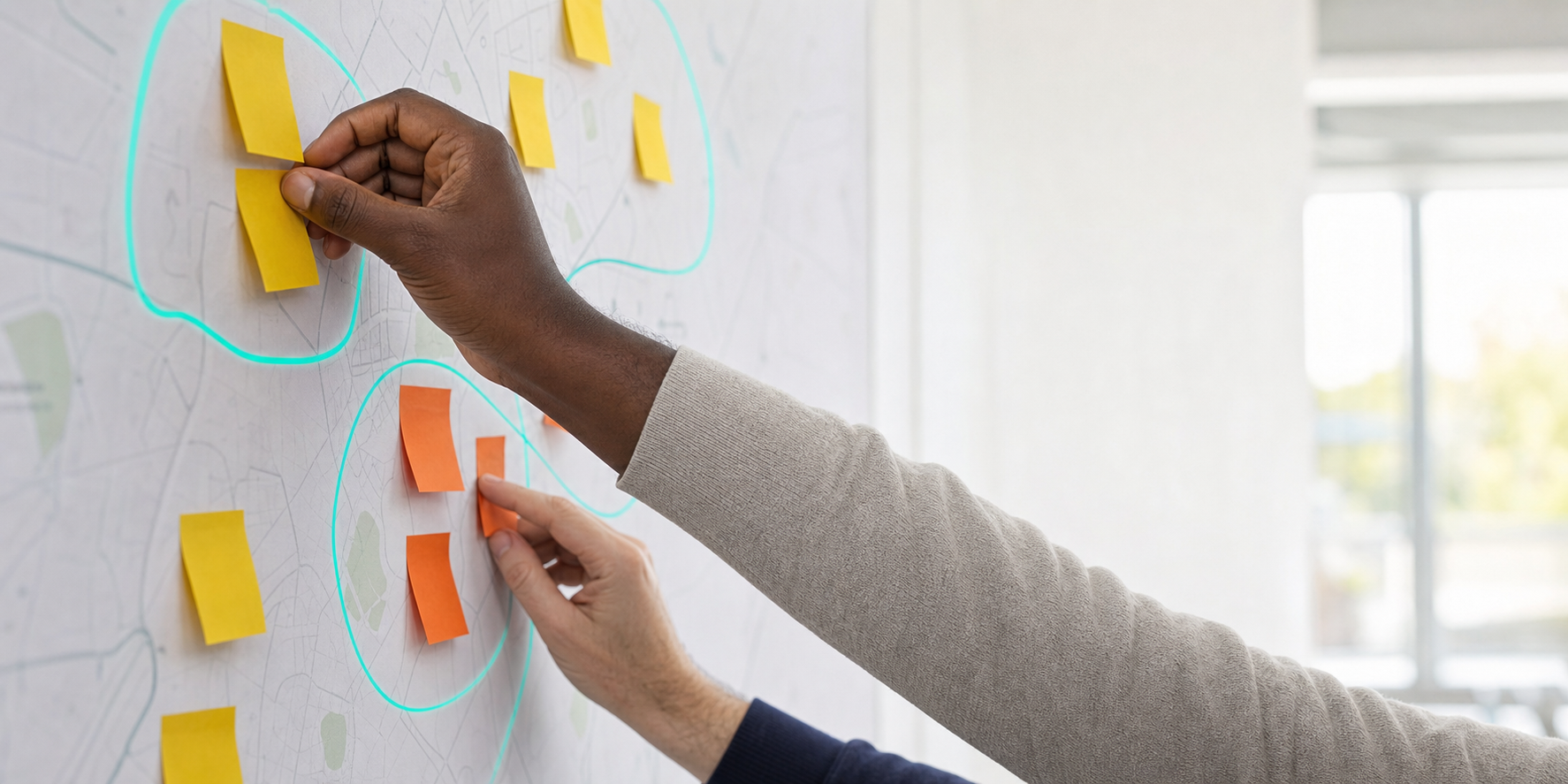 Certified AI-Enabled Facilitator workshop participants cluster sticky notes on a wall while applying AI to organize and theme session output