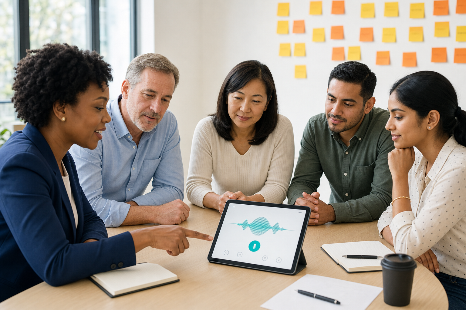 Facilitator using a tablet to apply AI tools during a collaborative session at a table