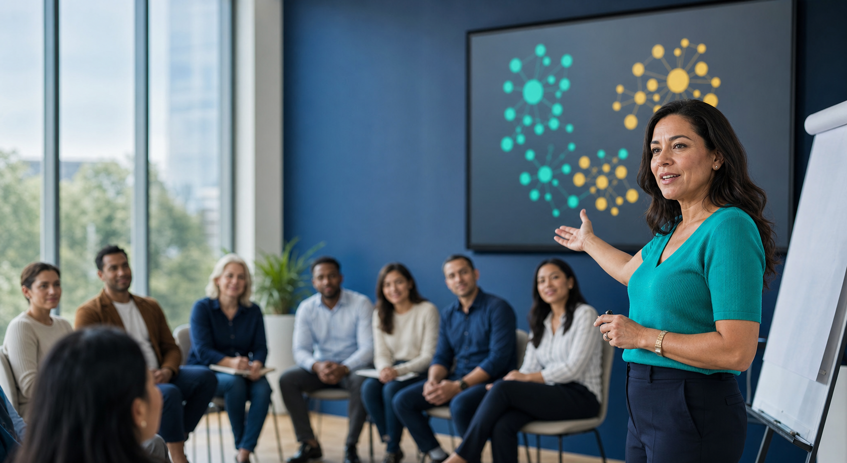 Facilitator leading a session using an AI-enabled wall display screen — AI tools for facilitators comparison